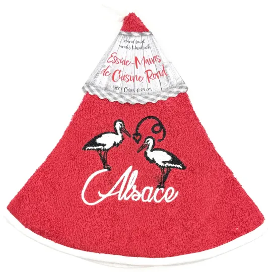 Round Kitchen Hand Towel Red Embroidered Stork Duo Alsace 65 cm