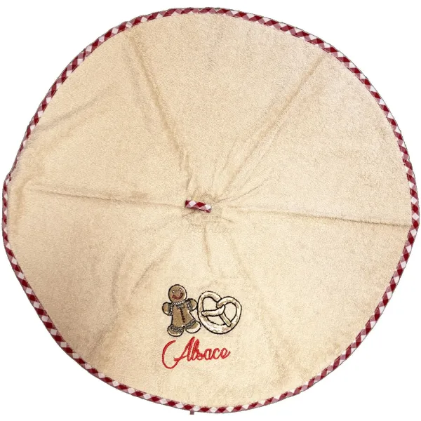 Round Kitchen Hand Towel Beige Embroidered Gingerbread Man and Pretzel Alsace 65 cm
