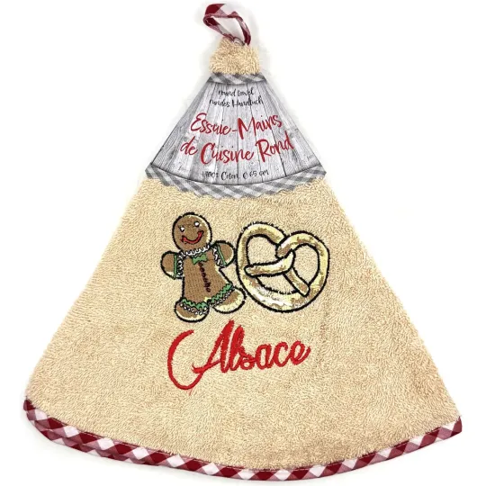 Rundes Küchentuch Beige Bestickt Mannele und Brezel Elsass 65 cm