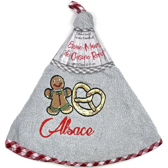 Essuie-Mains de Cuisine Gris Brodé Mannele et Bretzel Alsace 65 cm