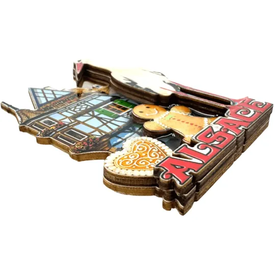 Alsace 3D Wood Magnet Stork Half-Timbered House Gingerbread Man