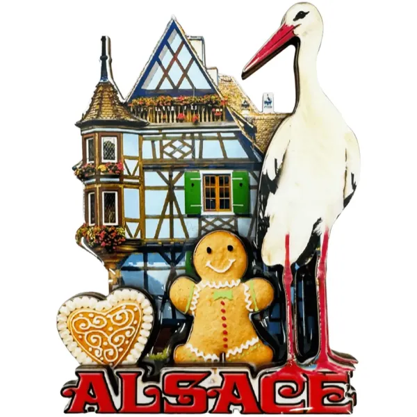 Alsace 3D Wood Magnet Stork Half-Timbered House Gingerbread Man