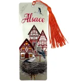Marque-page Alsace Argenté Gaufré Cigognes Maisons Colombages et Pompon