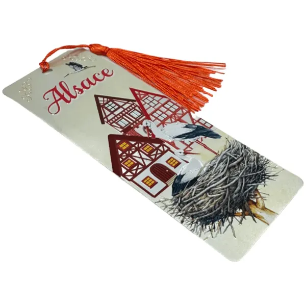 Alsace Bookmark Silver Embossed Storks Half-Timbered Houses and Tassel