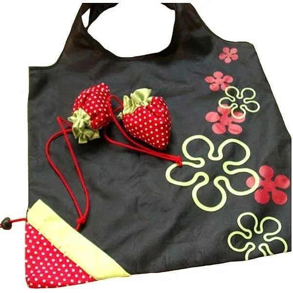 Reusable Black Nylon Strawberry Folding Shopping Bag