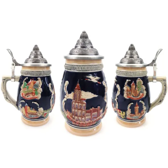 Tiled Beer Mug with pewter lid and Alsatian Cities 50 cl