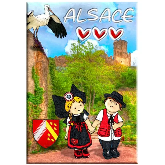 Magnet Décoratif Couple d'Alsacien avec Cigogne Alsace