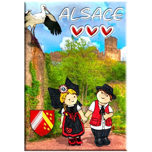 Magnet Décoratif Couple d'Alsacien avec Cigogne Alsace