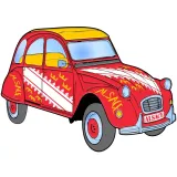 Dekorativer Magnet mit der Deudeuche 2 CV im Elsass