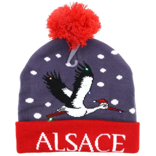 Bonnet à Pompon Alsace Gris-Rouge avec Led et Cigogne