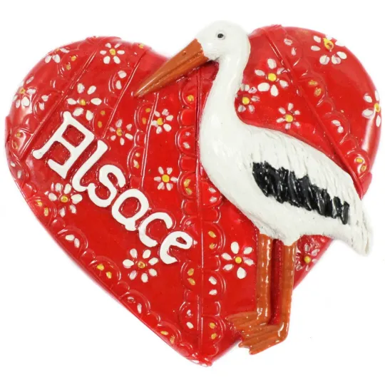 Decorative Magnet Red Heart Alsace with Stork
