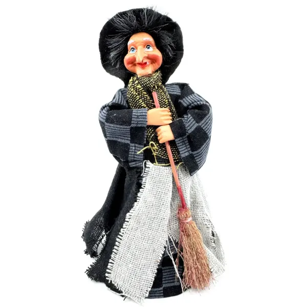 Sorcière d'Alsace à poser balai écossais bleu et noir 22 cm