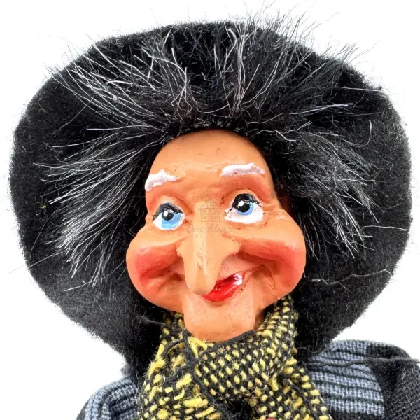 Alsace Witch Figurine with Broom, Blue and Black Tartan 22 cm