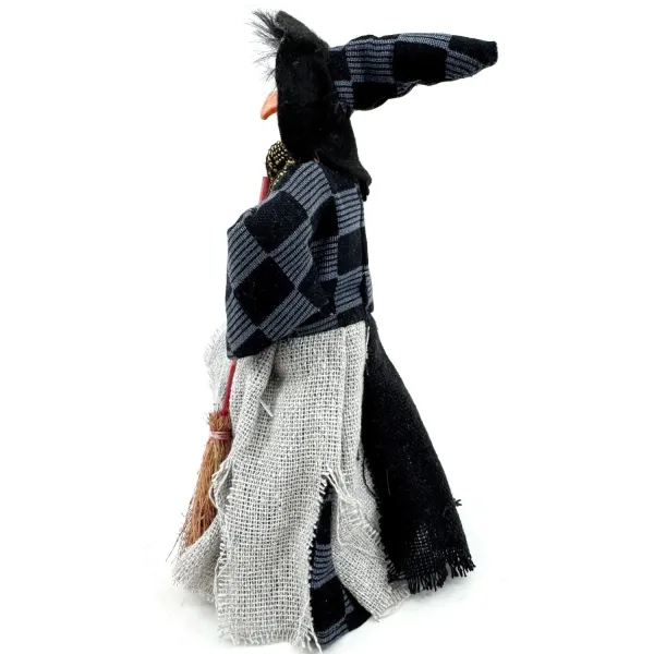Sorcière d'Alsace à poser balai écossais bleu et noir 22 cm