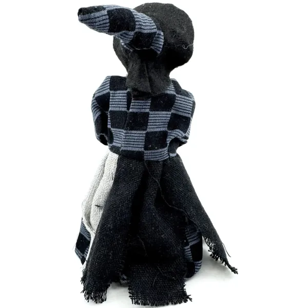 Alsace Witch Figurine with Broom, Blue and Black Tartan 22 cm