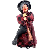 Alsace Witch Figurine with Broom, Red and Black Gingham 22 cm