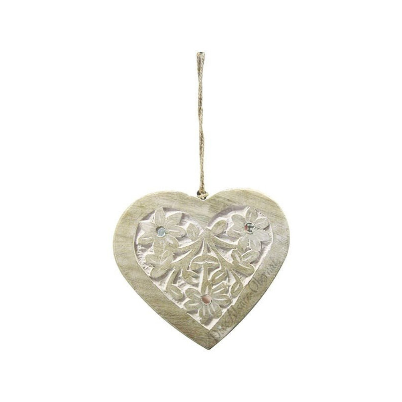Solid wood heart carved on a white background decorated with mirrors