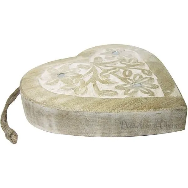 Coeur en Bois Massif sculpté sur fond blanc décoré de miroirs