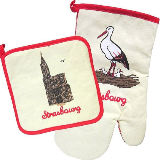 Set of yellow kitchen glove and pot holder, Strasbourg Cathedral decor