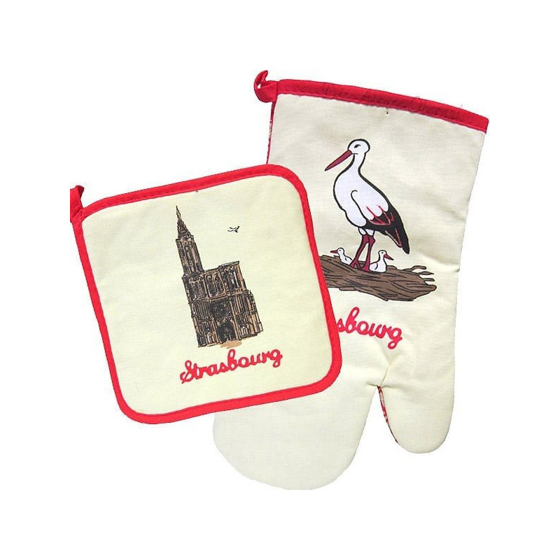Set of yellow kitchen glove and pot holder, Strasbourg Cathedral decor