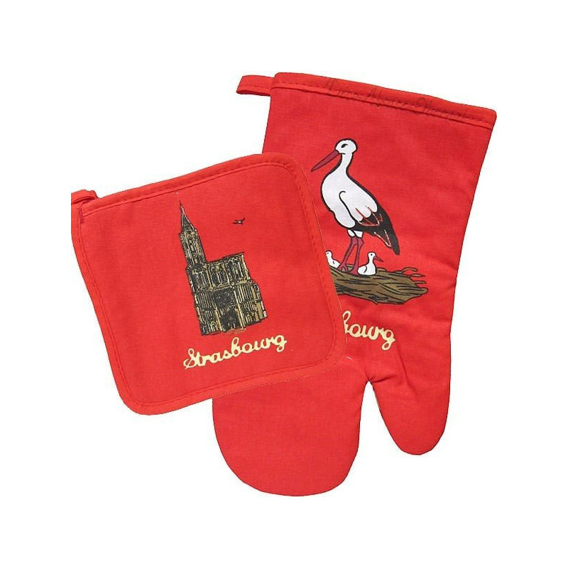 Set of Red Kitchen Glove and Potholder, Strasbourg Cathedral decor