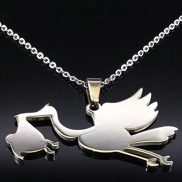 Bijou Collier et Pendentif Cigogne d'Alsace en Acier inoxydable