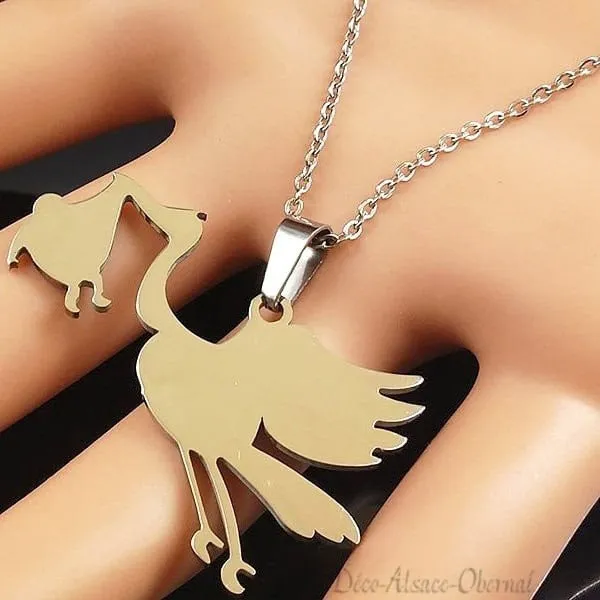 Alsace Stork Necklace and Pendant Jewel in Stainless Steel