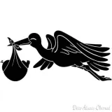 Stork in flight carrying a baby on black background sticker