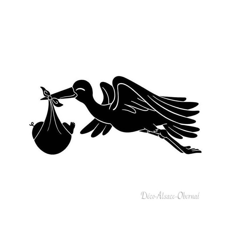 Sticker Cigogne en vol portant un bébé sur fond Noir