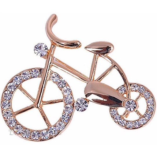 Golden fantasy brooch in the shape of a bicycle set with rhinestones