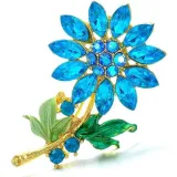Golden Fancy Brooch, Blue Flowers shape, set with Rhinestones