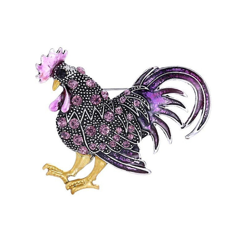 Golden fancy rooster brooch set with rhinestones
