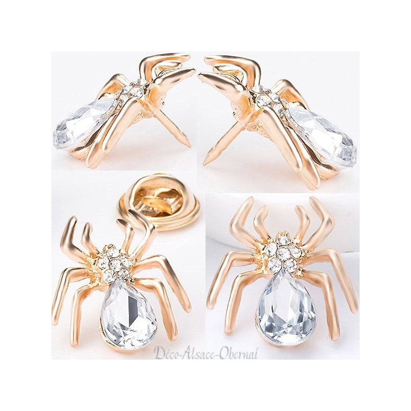 Golden fancy pins brooch spider shape set with rhinestones