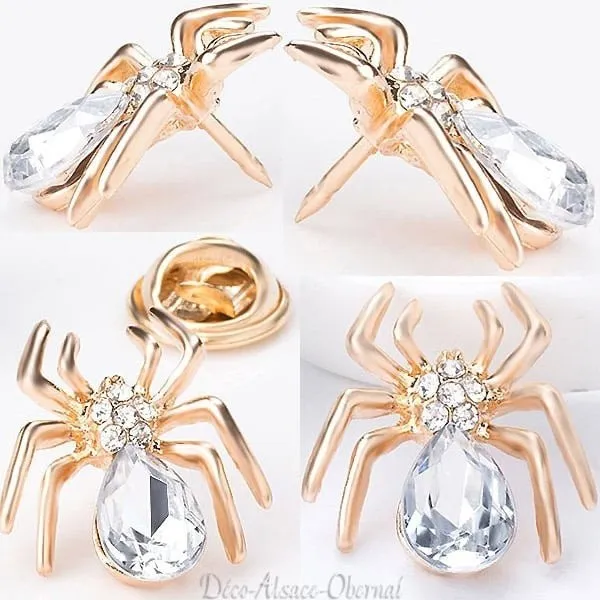 Golden fancy pins brooch spider shape set with rhinestones