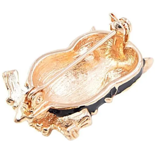 Broche Fantasie Uil Zwart en Goudkleurig bezet met Strass