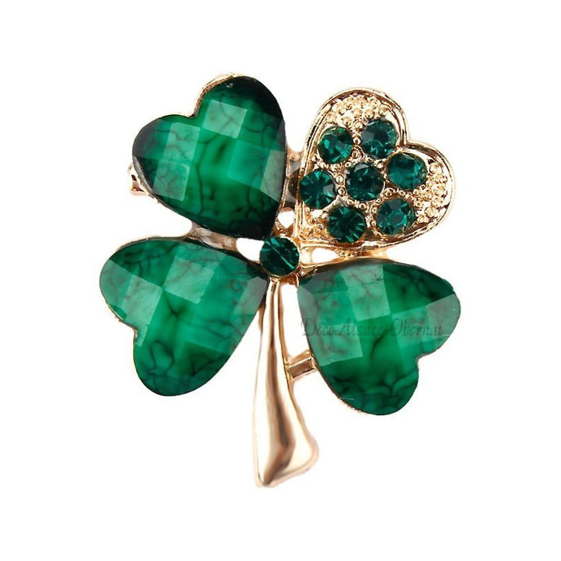 Golden Fancy Brooch Green 4 Leaf Clover set with Green Rhinestones