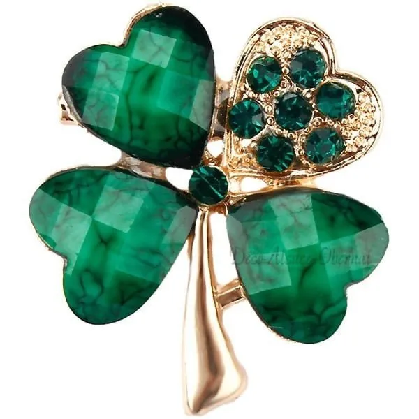 Goldene Brosche Clover Fancy 4 Green Strass besetzte grüne Blätter