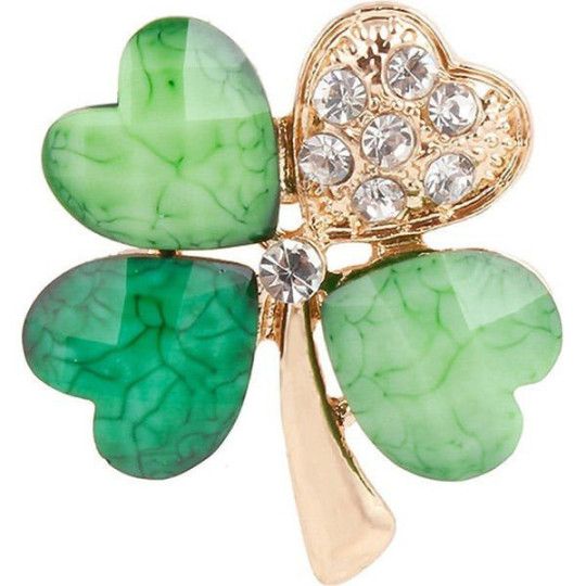 Broche Fantaisie dorée Trèfle à 4 Feuilles Verte assortis et sertie de Strass
