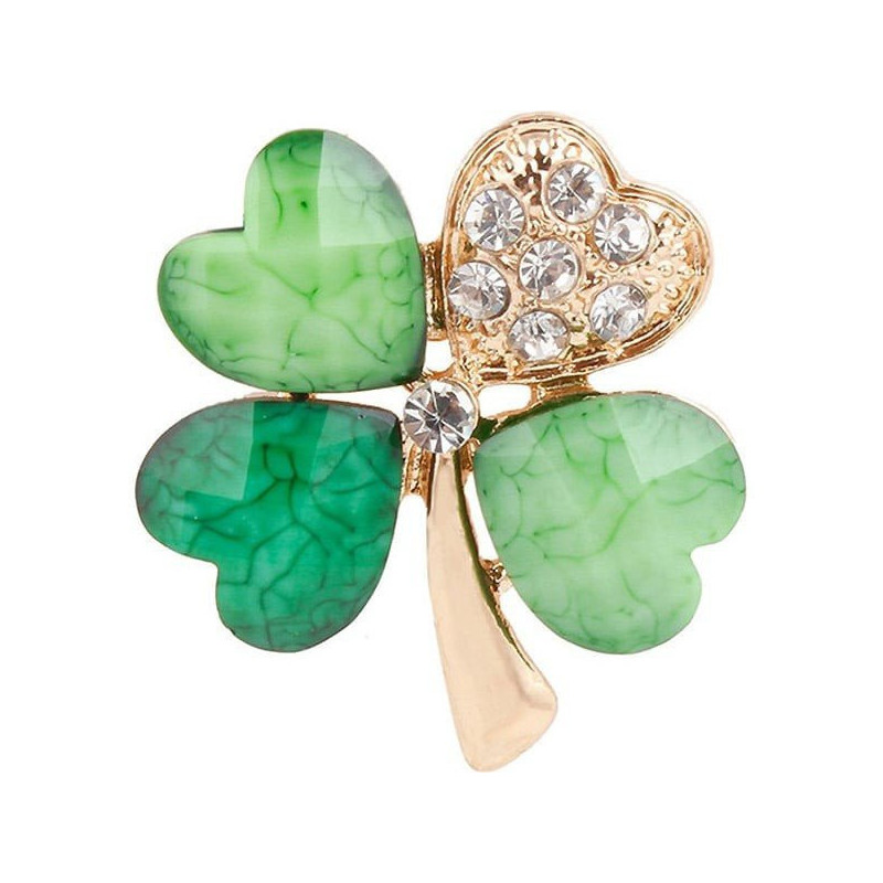 Broche Fantaisie dorée Trèfle à 4 Feuilles Verte assortis et sertie de Strass