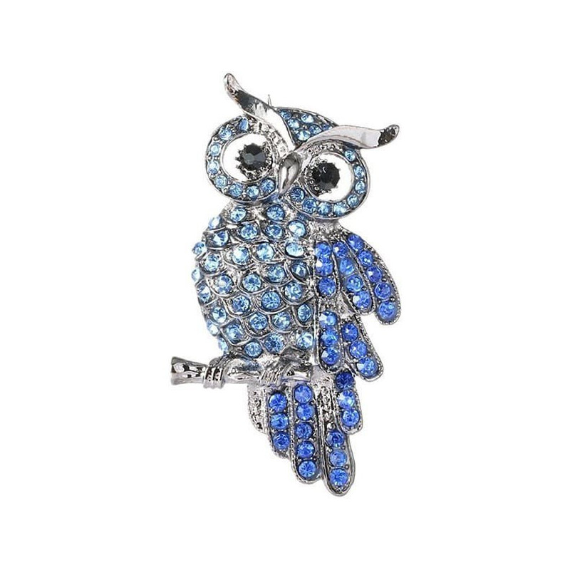 Fancy Silber Brosche mit Strass Eule auf Ast Blau