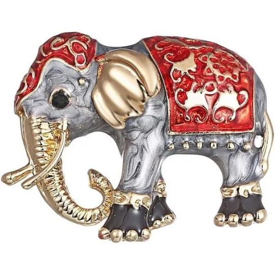 Broche Fantaisie dorée forme d'Éléphant peinture émaillée
