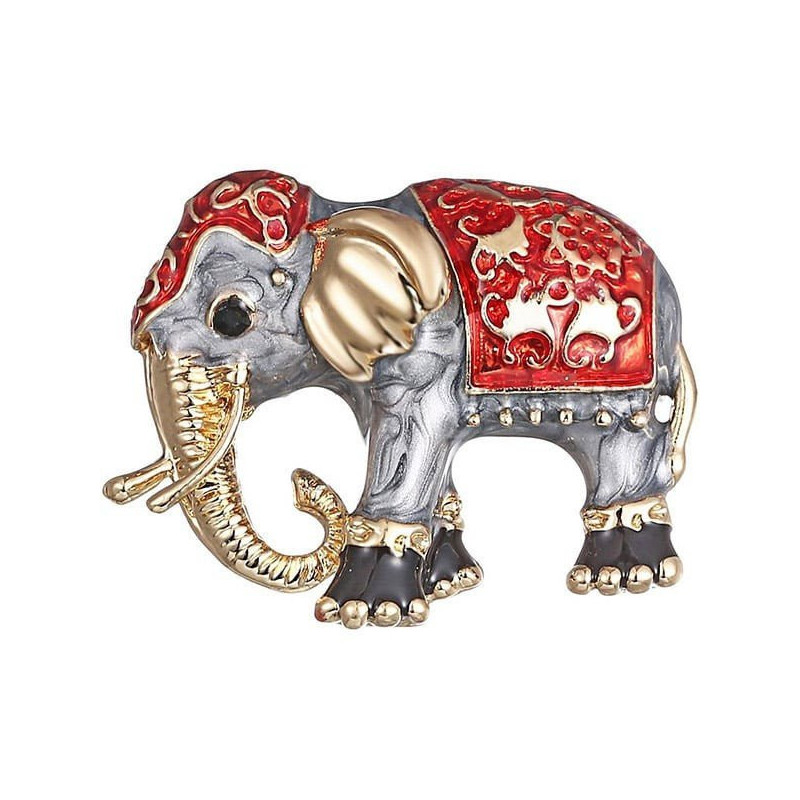 Golden fantasy brooch in the shape of an elephant with enamel paint
