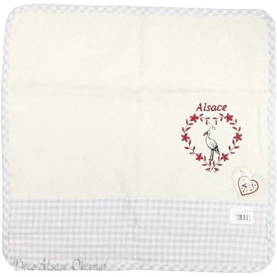 Essuie-Mains de Cuisine carré 100% Coton fond Écru à rayures grise brodé Coeur