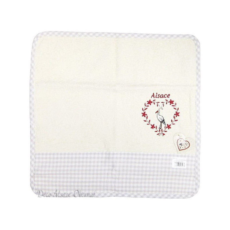 Essuie-Mains de Cuisine carré 100% Coton fond Écru à rayures grise brodé Coeur