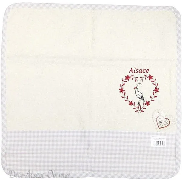 Essuie-Mains de Cuisine carré 100% Coton fond Écru à rayures grise brodé Coeur