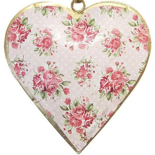 Coeur d'Alsace en Métal fond Rose Vintage décor Fleurs Roses