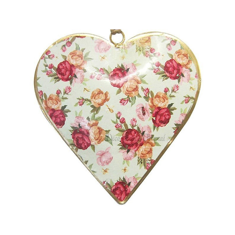 Coeur d'Alsace en Métal fond Vert Vintage décor Bouquet de Fleurs