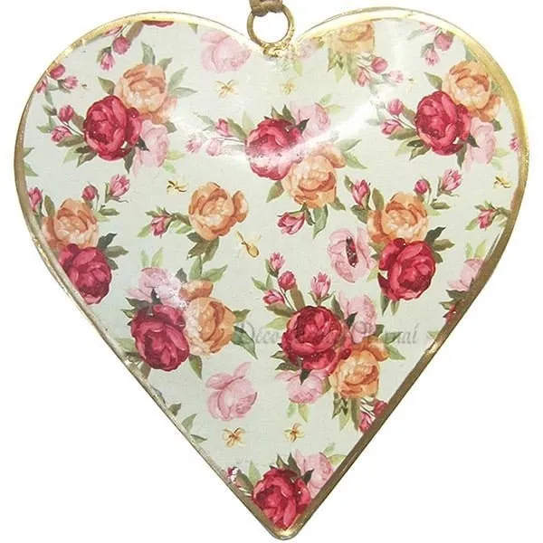 Coeur d'Alsace en Métal fond Vert Vintage décor Bouquet de Fleurs