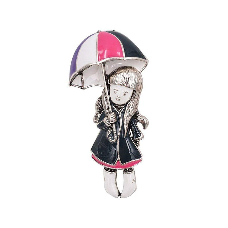 Broche Fantaisie argentée petite Fille sous parapluie