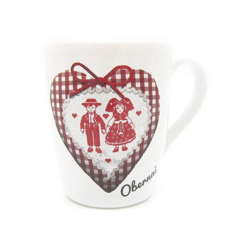 Mug à Café blanc décor Coeur et Couple Alsacien marqué Obernai